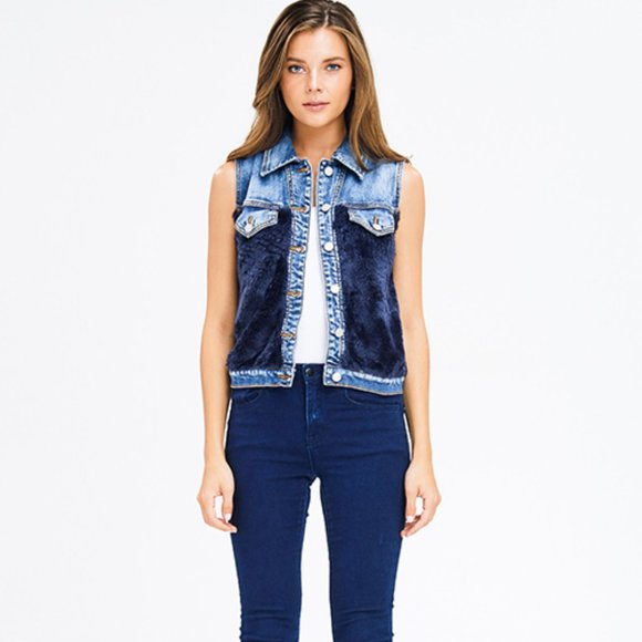 Litz Jackets & Coats Denim Blue Faux Fur Jean Jacket Vest Poshmark
